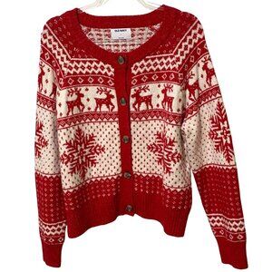 Old Navy Fair Isle Button Front Cardigan Sweater Womens L Red Apres Ski Holiday